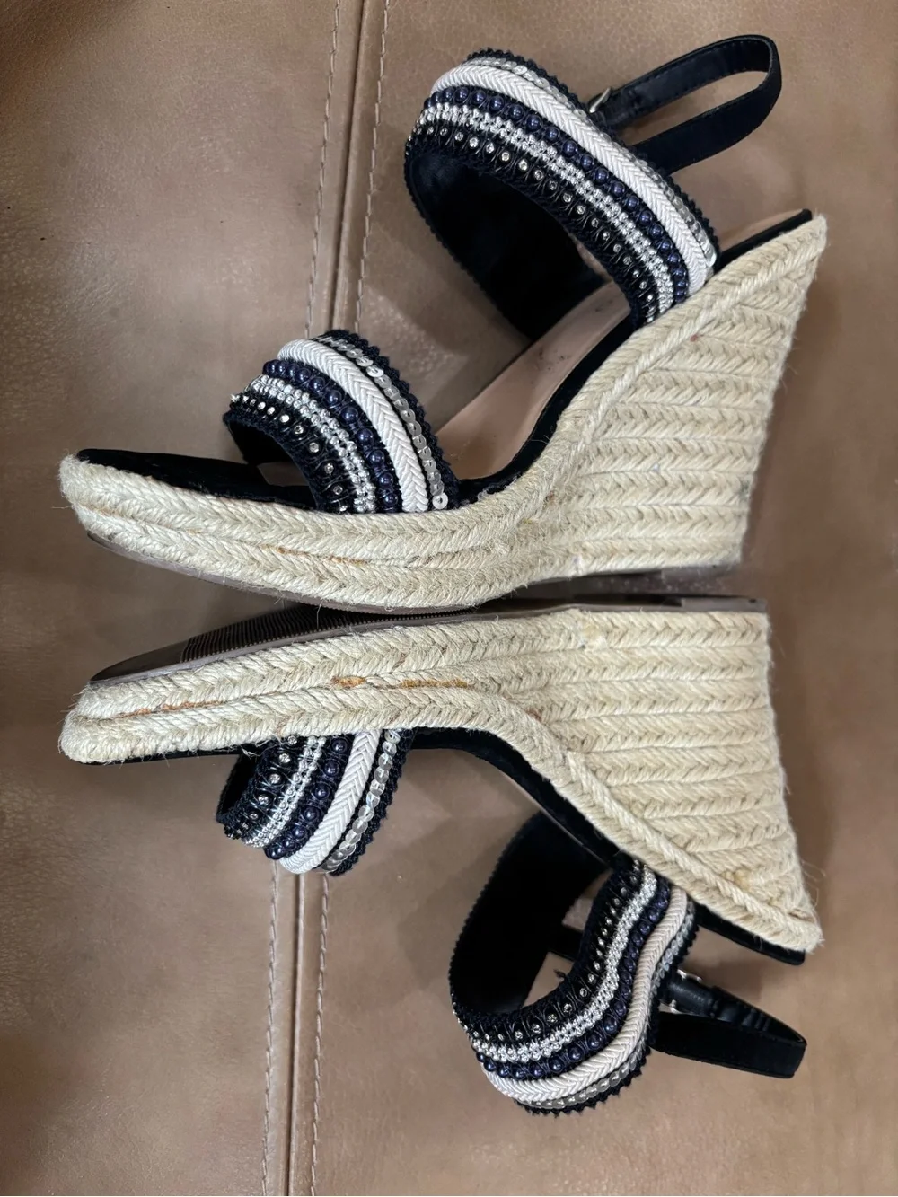 Andiamo Black Beaded Wedge Sandals with Ankle Strap